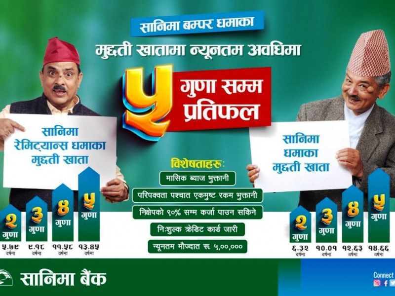 सानिमा बैंकले ल्यायो तीनवटा बम्पर धमाका योजना, पाँच गुणासम्म प्रतिफल पाइने